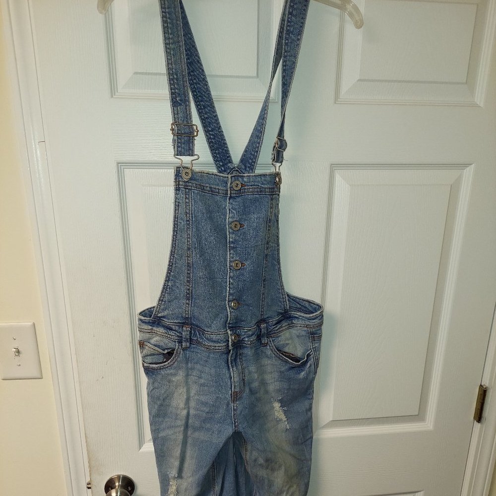 Tinseltown Denim Couture Bib Overalls Button Front Distressed Pockets XL